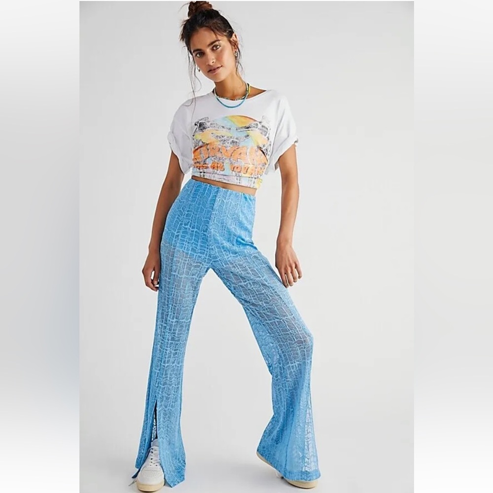 FREE PEOPLE “In The Night” Blue Lace Flare Pants